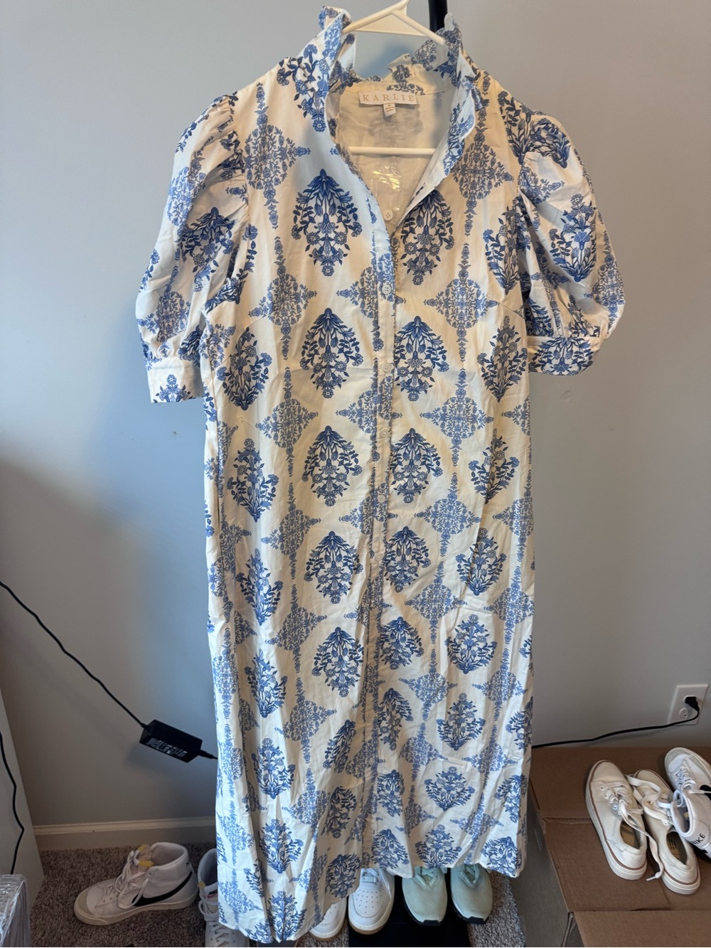 Karlie Blue and White Floral Maxi Dress with Puff Sleeves